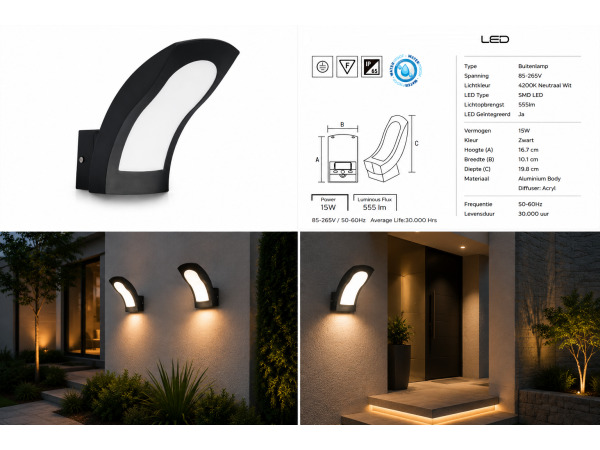 4x 4 x LED Buitenwandlamp – 15W – 4200K – Zwart – IP65 – SUPERB – foto 5 – kavel bij XL Auctions