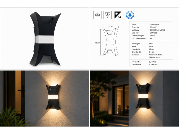 4x 4 x LED Buitenwandlamp – 17W – 4200K – Zwart – IP54 – VIPER – foto 5 – kavel bij XL Auctions