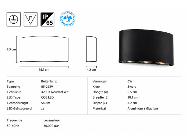 10x 10 x LED Buitenwandlamp – 6W – 4200K – Zwart – PROTON-6 – foto 4 – kavel bij XL Auctions