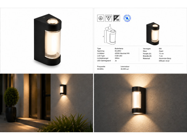 8x 8 x LED Buitenwandlamp – 6W – 4200K – Zwart – VECTOR-6 – foto 5 – kavel bij XL Auctions