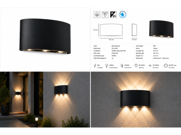 6x 6 x LED Buitenwandlamp – 6W – 4200K – Zwart – PROTON-6 – foto 3 – kavel bij XL Auctions