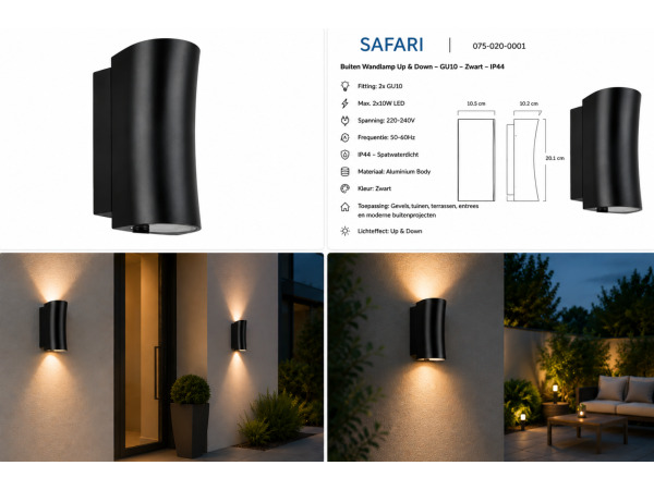 8x 8 x Buitenwandlamp Up & Down – GU10 – Zwart – IP44 – SAFARI – foto 3 – kavel bij XL Auctions