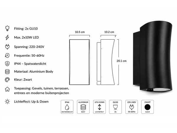 8x 8 x Buitenwandlamp Up & Down – GU10 – Zwart – IP44 – SAFARI – foto 5 – kavel bij XL Auctions