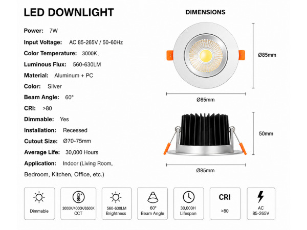 50x 50 x LED Downlight – 7W – Dimbaar – 3000K – Zilver – foto 3 – kavel bij XL Auctions