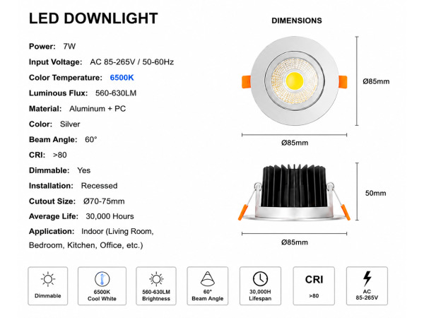 50x 50 x LED Downlight – 7W – Dimbaar – 6500K – Zilver – foto 4 – kavel bij XL Auctions