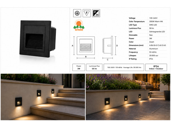 10x 10 x LED Trapverlichting 3W – Vierkant – Zwart – ICON-S – foto 5 – kavel bij XL Auctions