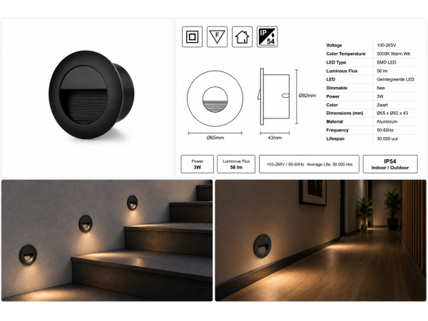10x 10 x LED Trapverlichting 3W – 3000K – Rond – Zwart – ICON-R – foto 5 – kavel bij XL Auctions