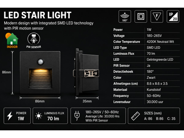 10x 10 x LED Trapverlichting 1W – Zwart – PIR Sensor – DIAMOND – foto 4 – kavel bij XL Auctions