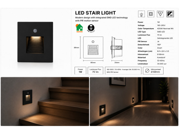 10x 10 x LED Trapverlichting 1W – Zwart – PIR Sensor – DIAMOND – foto 5 – kavel bij XL Auctions