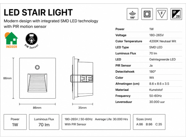 10x 10 x LED Trapverlichting 1W – Wit – PIR Sensor – DIAMOND – foto 4 – kavel bij XL Auctions