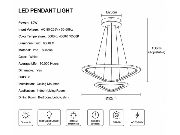 LED Kroonluchter – 3 Kleuren – Dimbaar – P7068/2S – foto 3 – kavel bij XL Auctions