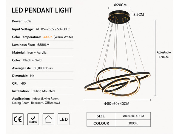 LED Kroonluchter – 3 Kleuren – Dimbaar – P7060/3 – foto 4 – kavel bij XL Auctions