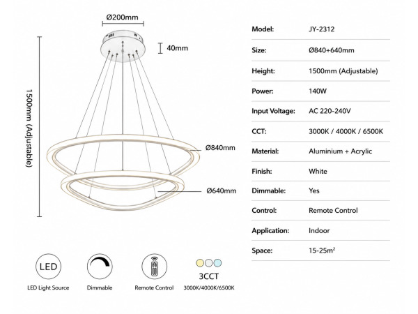 LED Kroonluchter – 3 Kleuren – Dimbaar – P7068/2B – foto 4 – kavel bij XL Auctions