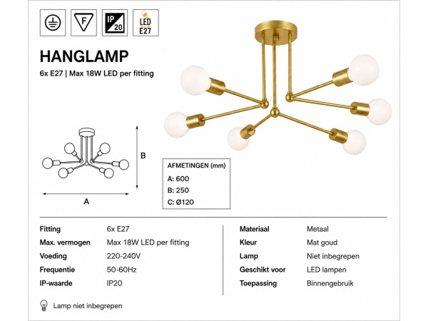 LED Hanglamp Max 18W – 6x E27 – Goud – LORENZO-6 – foto 4 – kavel bij XL Auctions