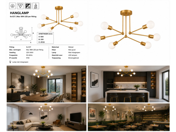 LED Hanglamp Max 18W – 6x E27 – Goud – LORENZO-6 – foto 5 – kavel bij XL Auctions