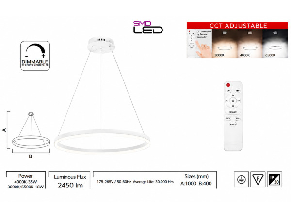 LED Ring Hanglamp 35W – 3CCT Dimbaar – Wit – HARVEY-35 – foto 4 – kavel bij XL Auctions