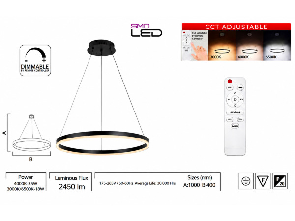 LED Ring Hanglamp 35W – 3CCT Dimbaar – Zwart – HARVEY-35 – foto 4 – kavel bij XL Auctions