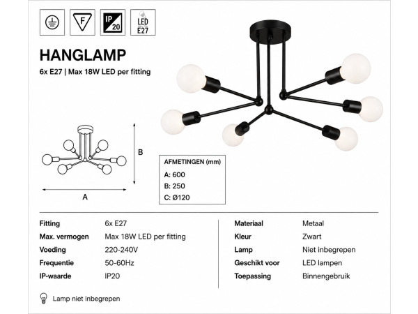 LED Hanglamp Max 18W – 6x E27 – Zwart – LORENZO-6 – foto 4 – kavel bij XL Auctions