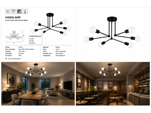 LED Hanglamp Max 18W – 6x E27 – Zwart – LORENZO-6 – foto 5 – kavel bij XL Auctions