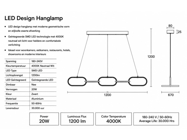 Design LED Hanglamp 20W – 4000K – Zwart – EMPIRE-20 – foto 4 – kavel bij XL Auctions