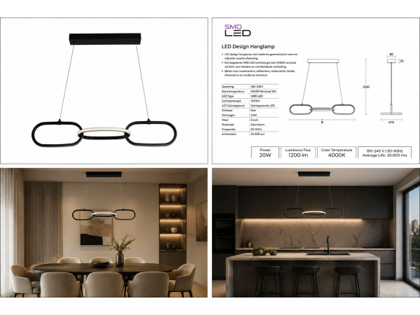 Design LED Hanglamp 20W – 4000K – Zwart – EMPIRE-20 – foto 5 – kavel bij XL Auctions