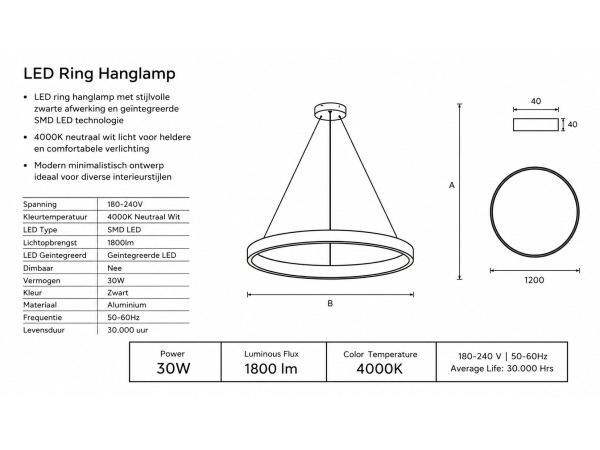LED Ring Hanglamp 30W – 4000K – Zwart – IP20 – ESSENCE-30 – foto 4 – kavel bij XL Auctions