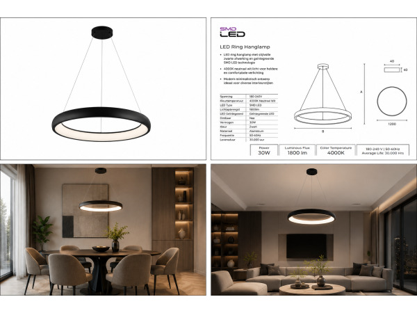 LED Ring Hanglamp 30W – 4000K – Zwart – IP20 – ESSENCE-30 – foto 5 – kavel bij XL Auctions