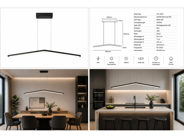 LED Hanglamp 16W – 4000K – Zwart – IP20 – EDMOND-16 – foto 5 – kavel bij XL Auctions