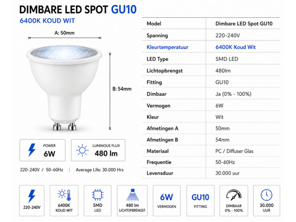 100x 100 x LED Spot GU10 – 6W – Dimbaar – 6400K – IP20 – foto 2 – kavel bij XL Auctions