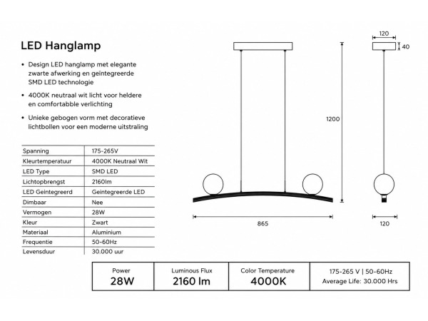 LED Hanglamp 28W – 4000K – Zwart – IP20 – INVICTA-28 – foto 4 – kavel bij XL Auctions