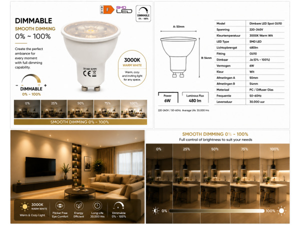 50x 50 x LED Spot GU10 – 6W – Dimbaar – 3000K – IP20 – foto 2 – kavel bij XL Auctions