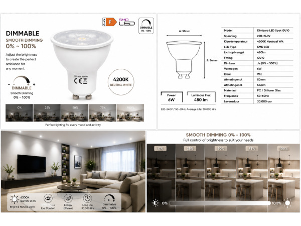 100x 100 x LED Spot GU10 – 6W – Dimbaar – 4200K – IP20 – foto 2 – kavel bij XL Auctions
