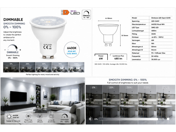 50x 50 x LED Spot GU10 – 6W – Dimbaar – 6400K – IP20 – foto 2 – kavel bij XL Auctions