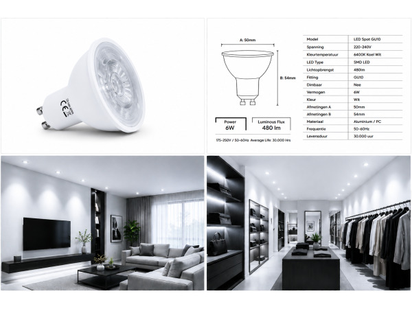 50x 50 x LED Spot GU10 – 6W – 6400K Koud Wit – IP20 – foto 2 – kavel bij XL Auctions