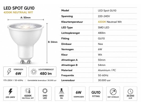 100x 100 x LED Spot GU10 – 6W – 4200K Neutraal Wit – IP20 – foto 2 – kavel bij XL Auctions
