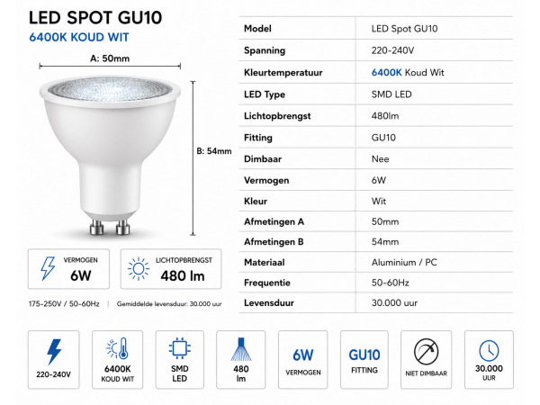50x 50 x LED Spot GU10 – 6W – 6400K Koud Wit – IP20 – foto 4 – kavel bij XL Auctions
