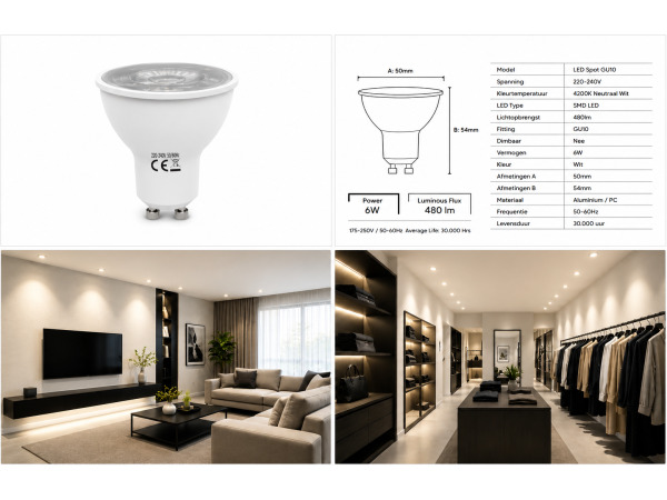 200x 200 x LED Spot GU10 – 6W – 4200K Neutraal Wit – IP20 – foto 4 – kavel bij XL Auctions
