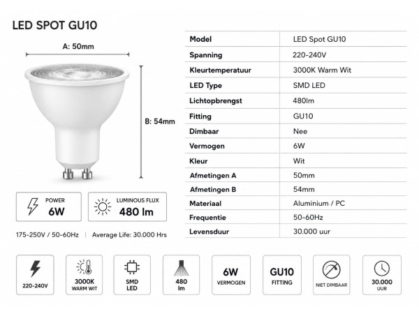 100x 100 x LED Spot GU10 – 6W – 3000K Warm Wit – IP20 – foto 4 – kavel bij XL Auctions