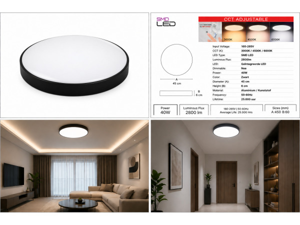 4x 4 x LED Plafondlamp 40W – 3CCT – Zwart – HAZEL-40 3CCT – foto 3 – kavel bij XL Auctions