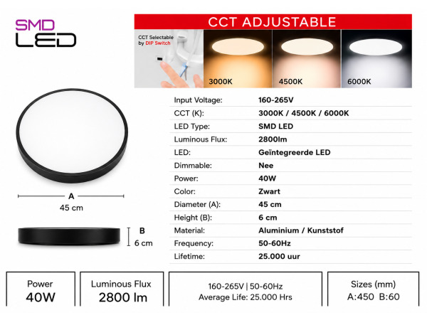 8x 8 x LED Plafondlamp 40W – 3CCT – Zwart – HAZEL-40 3CCT – foto 4 – kavel bij XL Auctions