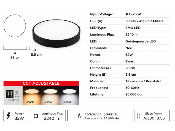 8x 8 x LED Plafondlamp 32W – 3CCT – Zwart – HAZEL-32 3CCT – foto 5 – kavel bij XL Auctions