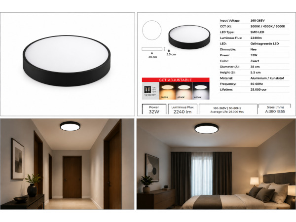 4 x LED Plafondlamp 32W – 3CCT – Zwart – HAZEL-32 3CCT – foto 5 – kavel bij XL Auctions