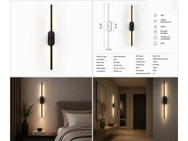 4x 4 x LED Wandlamp 10W – 4200K – Zwart – IP20 – SALDA-10 – foto 5 – kavel bij XL Auctions