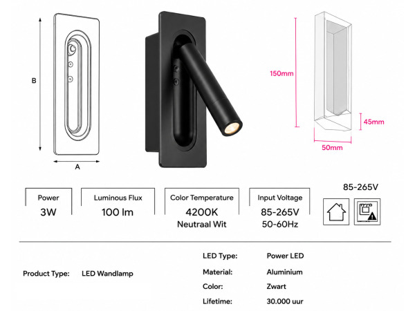 4x 4 x LED Wandlamp 3W – 4200K – Zwart – IP20 – BELEK – foto 4 – kavel bij XL Auctions