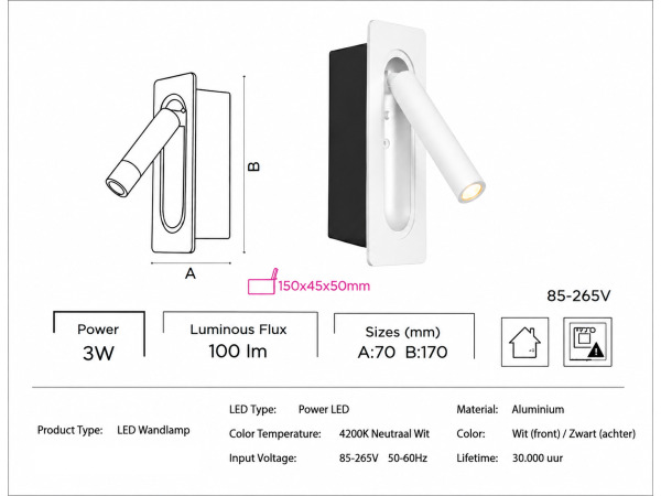 4x 4 x LED Wandlamp 3W – 4200K – Wit – IP20 – BELEK – foto 4 – kavel bij XL Auctions