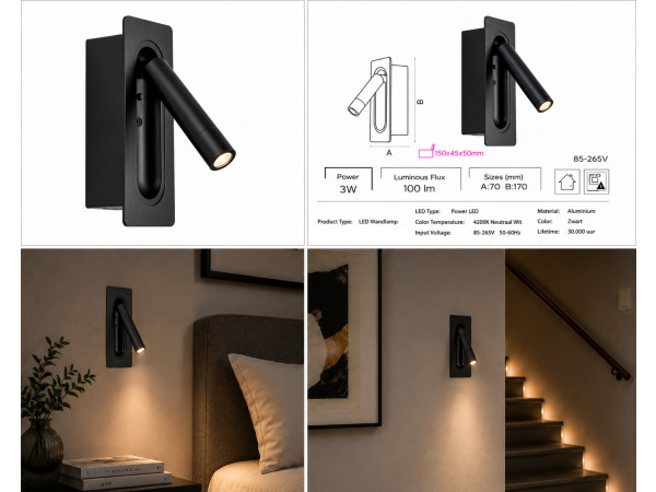 4x 4 x LED Wandlamp 3W – 4200K – Zwart – IP20 – BELEK – foto 5 – kavel bij XL Auctions