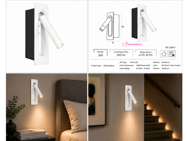 4x 4 x LED Wandlamp 3W – 4200K – Wit – IP20 – BELEK – foto 5 – kavel bij XL Auctions