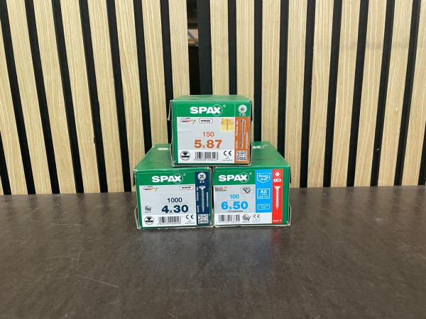 Partij SPAX Schroeven – 1.250 stuks – 4x30, 5x87 & 6x50 mm