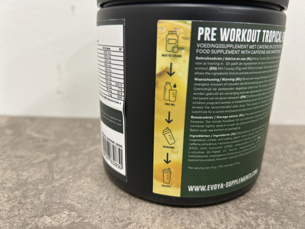 5x Evoya pre-workout Tropical fruit 300g – foto 3 – kavel bij XL Auctions