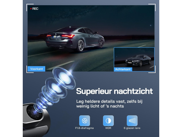 WOLFANG Dashcam Auto Voor Achter 4K WiFi - 170° Groothoek – foto 4 – kavel bij XL Auctions